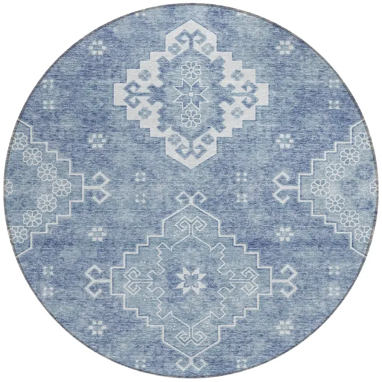 8' Navy Blue And Denim Blue Round Medallion Washable Indoor Outdoor Area Rug