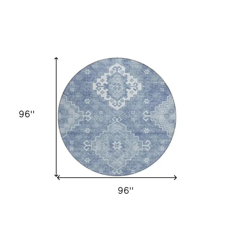 8' Navy Blue And Denim Blue Round Medallion Washable Indoor Outdoor Area Rug