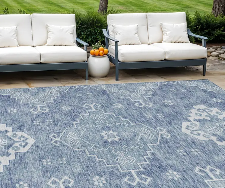 10' X 14' Navy Blue And Denim Blue Medallion Washable Indoor Outdoor Area Rug
