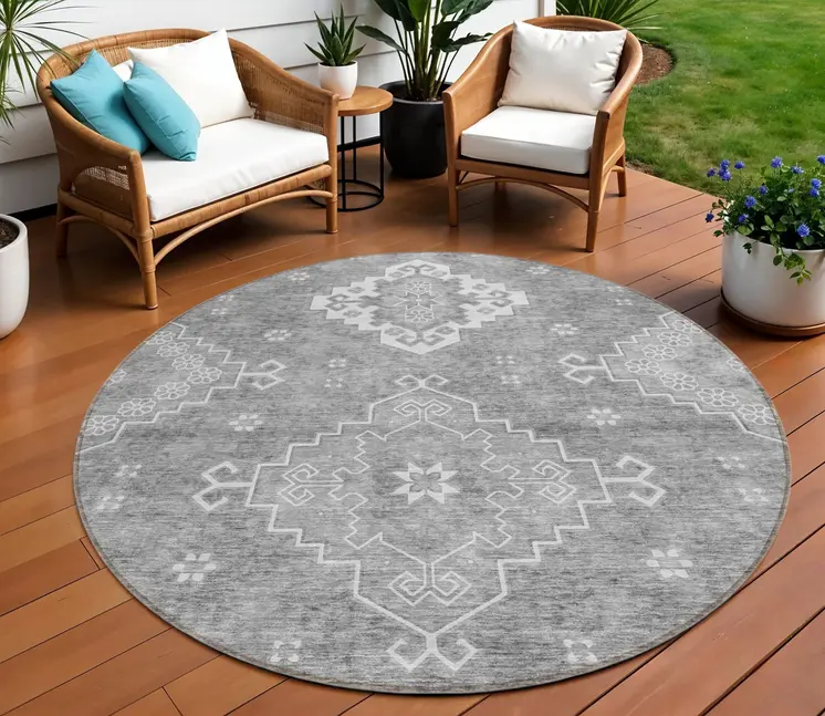 8' Gray And Ivory Round Medallion Washable Indoor Outdoor Area Rug