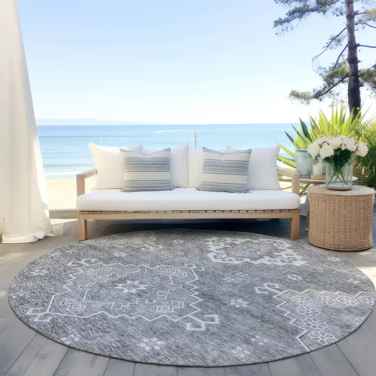 8' Gray And Ivory Round Medallion Washable Indoor Outdoor Area Rug