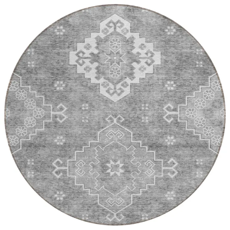 8' Gray And Ivory Round Medallion Washable Indoor Outdoor Area Rug