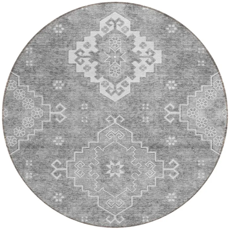 8' Gray And Ivory Round Medallion Washable Indoor Outdoor Area Rug