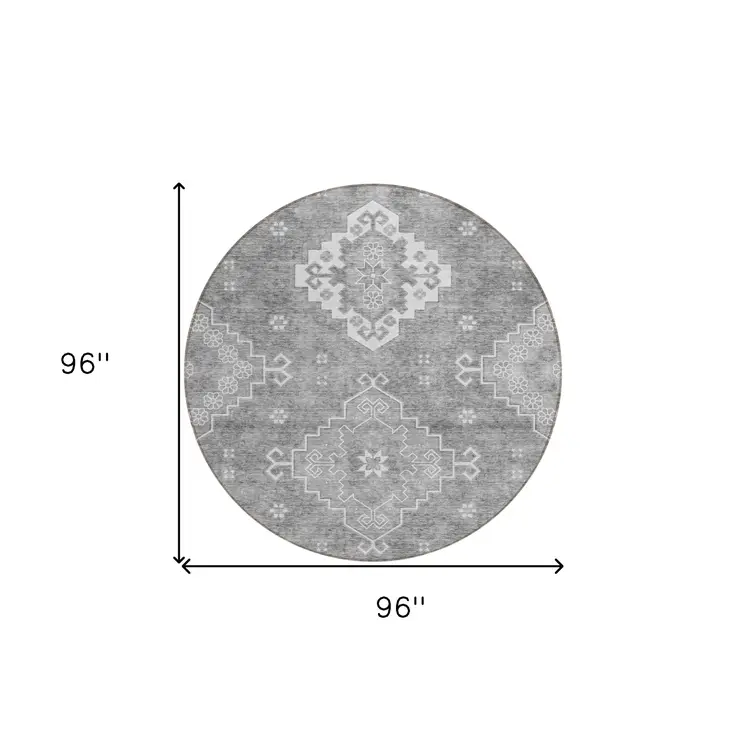 8' Gray And Ivory Round Medallion Washable Indoor Outdoor Area Rug