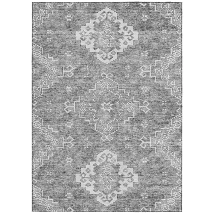 9' X 12' Gray And Ivory Medallion Washable Indoor Outdoor Area Rug