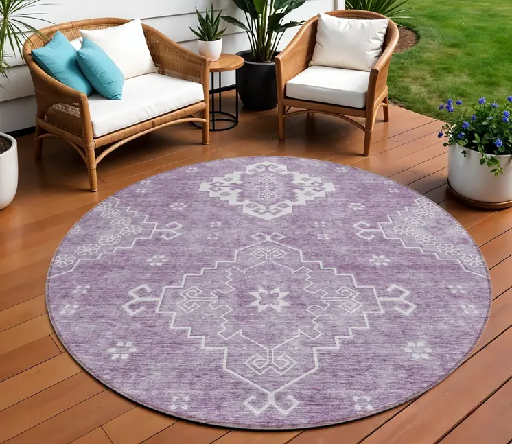 8' Lavender Plum And Ivory Round Medallion Washable Indoor Outdoor Area Rug