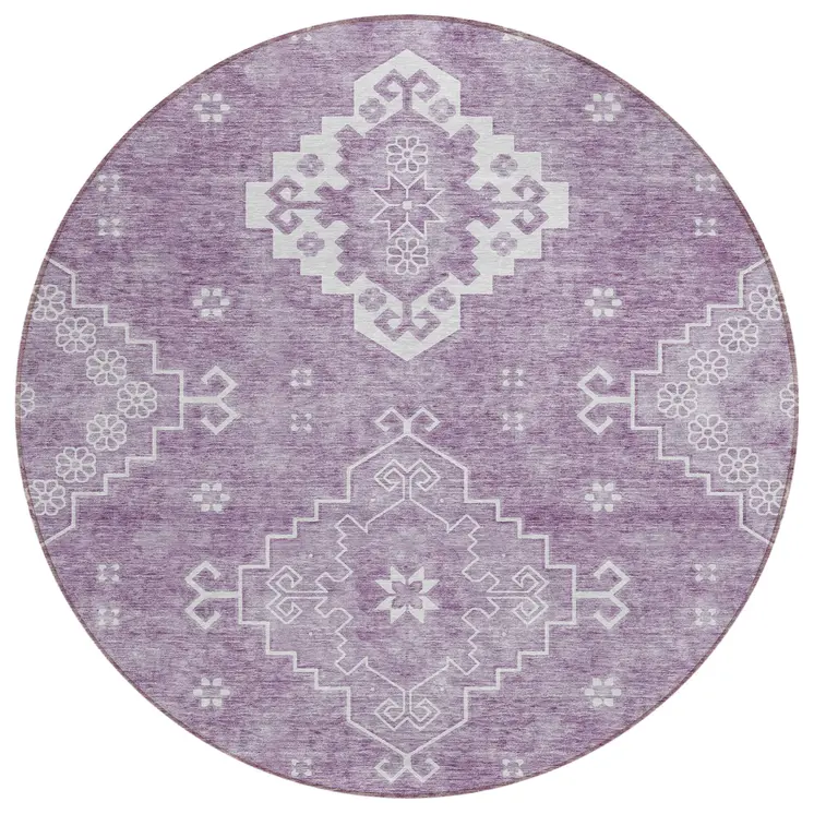 8' Lavender Plum And Ivory Round Medallion Washable Indoor Outdoor Area Rug
