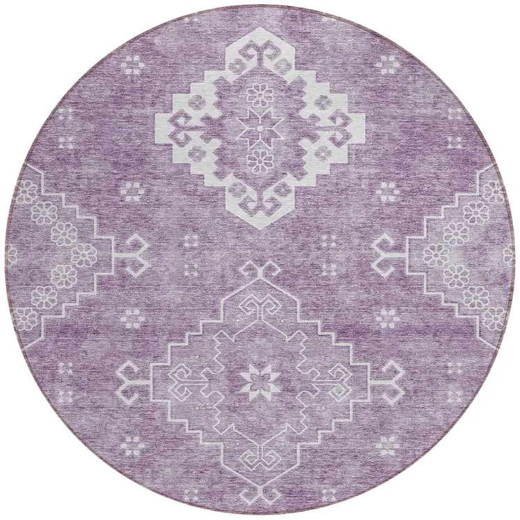 8' Lavender Plum And Ivory Round Medallion Washable Indoor Outdoor Area Rug