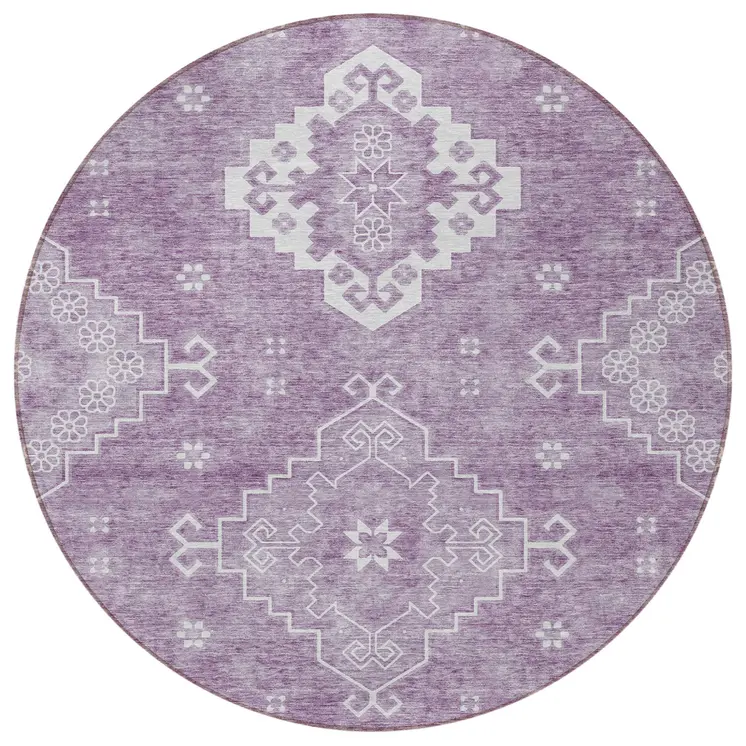 8' Lavender Plum And Ivory Round Medallion Washable Indoor Outdoor Area Rug
