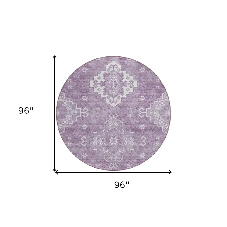 8' Lavender Plum And Ivory Round Medallion Washable Indoor Outdoor Area Rug
