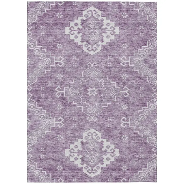 8' X 10' Lavender Plum And Ivory Medallion Washable Indoor Outdoor Area Rug