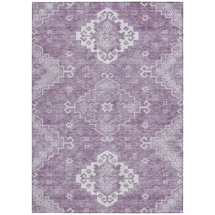 8' X 10' Lavender Plum And Ivory Medallion Washable Indoor Outdoor Area Rug