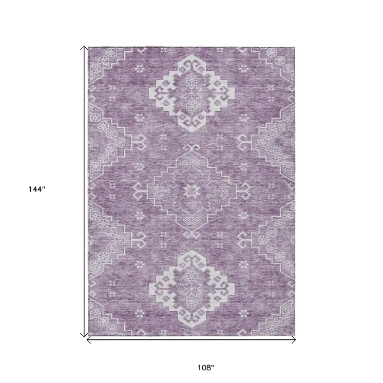 9' X 12' Lavender Plum And Ivory Medallion Washable Indoor Outdoor Area Rug