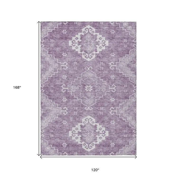 10' X 14' Lavender Plum And Ivory Medallion Washable Indoor Outdoor Area Rug