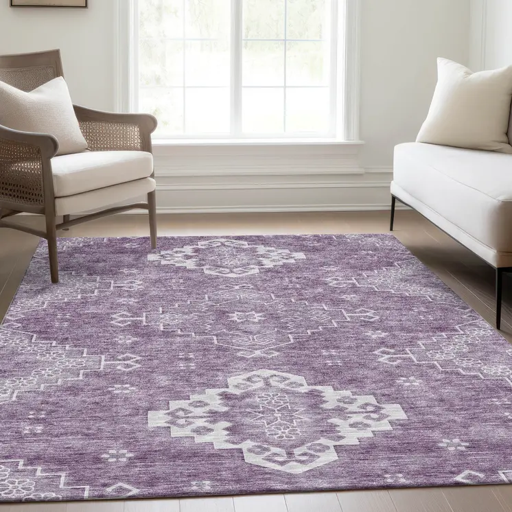 10' X 14' Lavender Plum And Ivory Medallion Washable Indoor Outdoor Area Rug