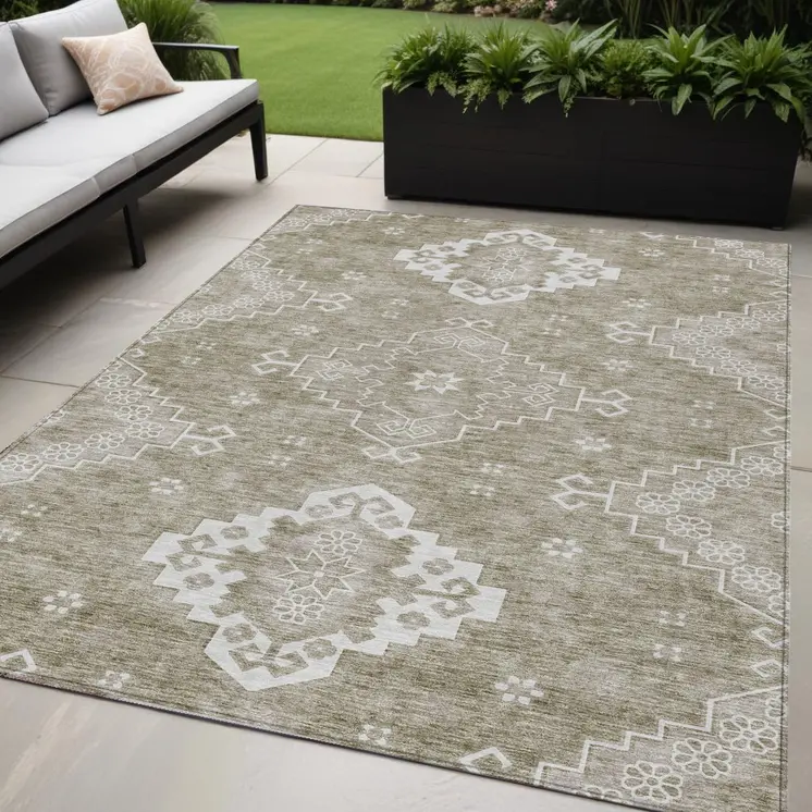 5' X 8' Taupe Beige And Ivory Medallion Washable Indoor Outdoor Area Rug