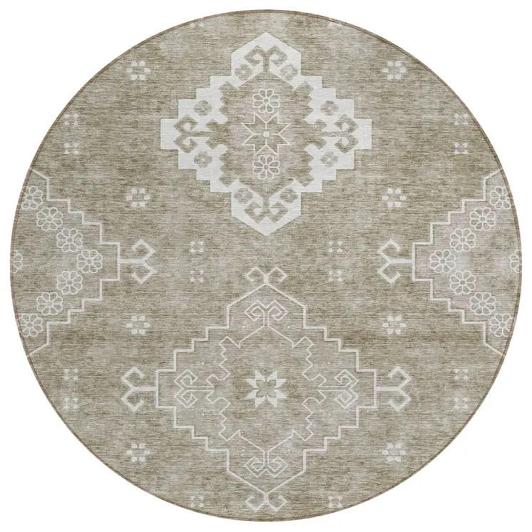 8' Taupe Beige And Ivory Round Medallion Washable Indoor Outdoor Area Rug