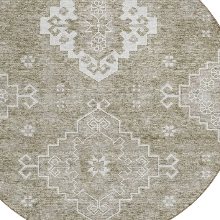 8' Taupe Beige And Ivory Round Medallion Washable Indoor Outdoor Area Rug
