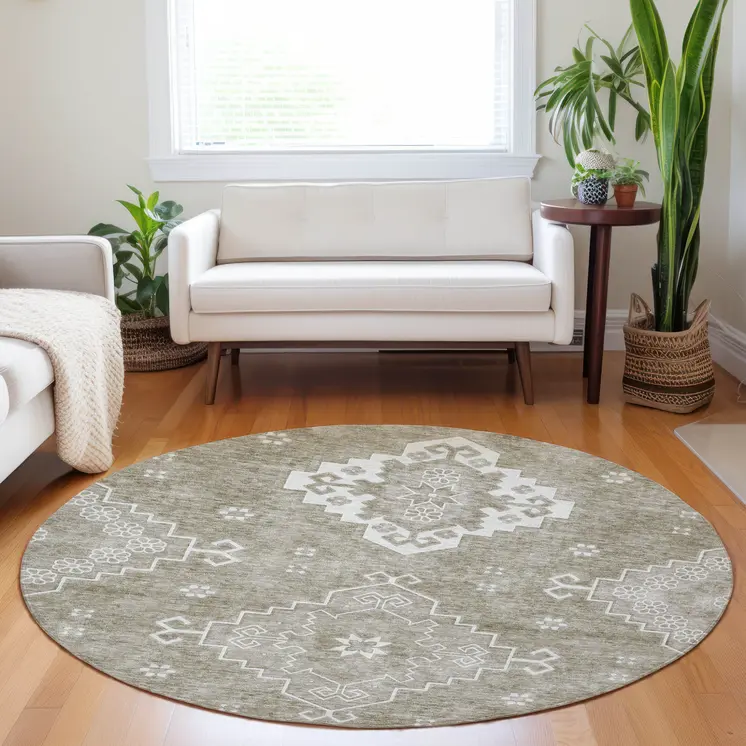 8' Taupe Beige And Ivory Round Medallion Washable Indoor Outdoor Area Rug