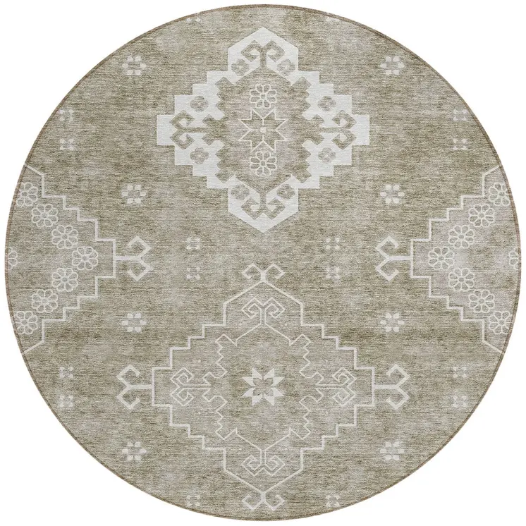 8' Taupe Beige And Ivory Round Medallion Washable Indoor Outdoor Area Rug