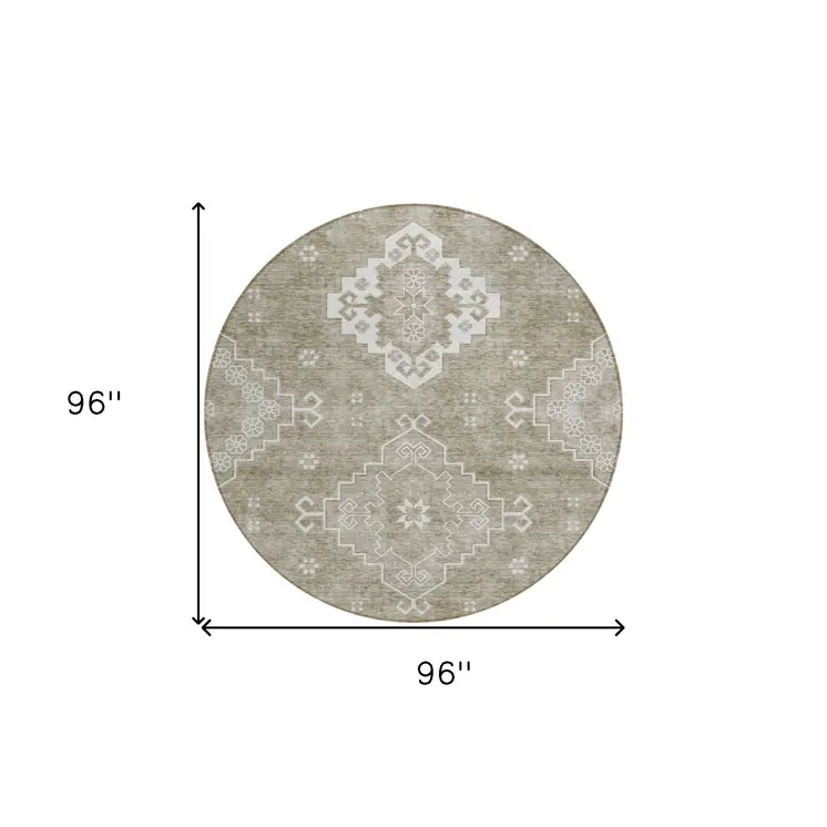 8' Taupe Beige And Ivory Round Medallion Washable Indoor Outdoor Area Rug