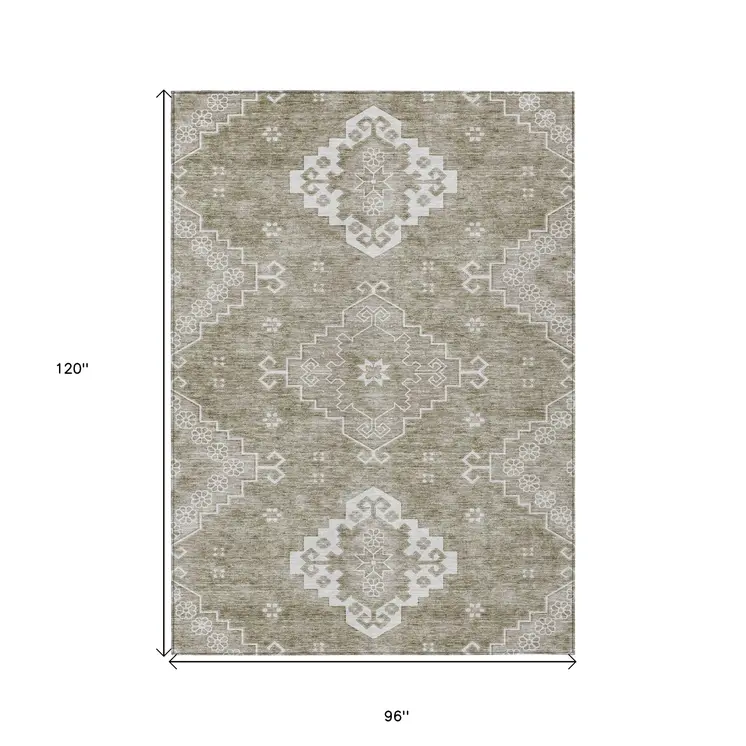 8' X 10' Taupe Beige And Ivory Medallion Washable Indoor Outdoor Area Rug
