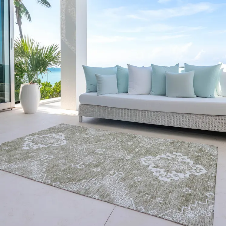 8' X 10' Taupe Beige And Ivory Medallion Washable Indoor Outdoor Area Rug