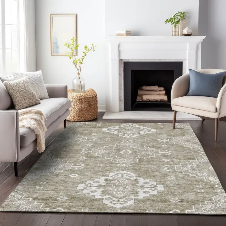 8' X 10' Taupe Beige And Ivory Medallion Washable Indoor Outdoor Area Rug