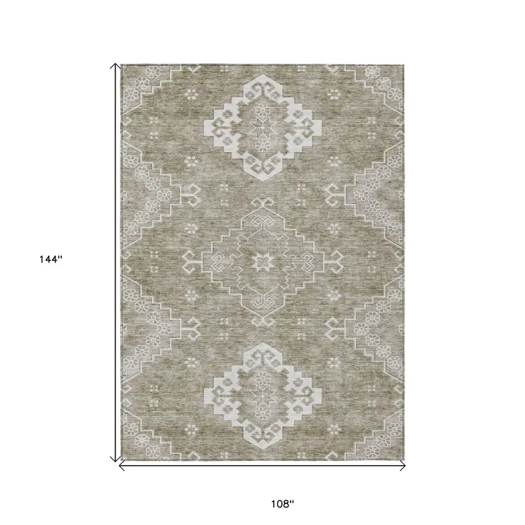 9' X 12' Taupe Beige And Ivory Medallion Washable Indoor Outdoor Area Rug