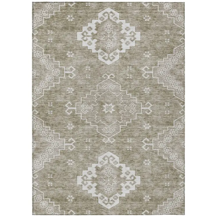 9' X 12' Taupe Beige And Ivory Medallion Washable Indoor Outdoor Area Rug