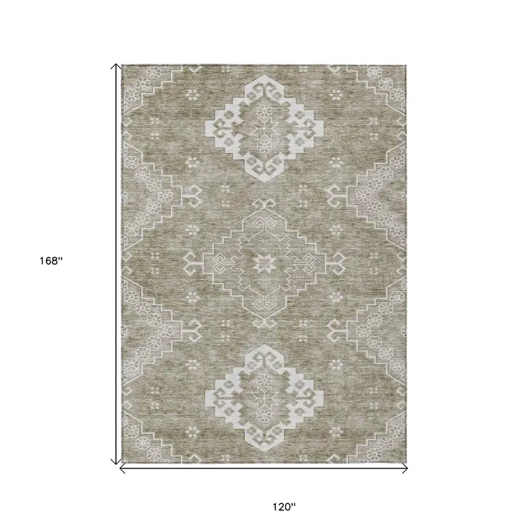 10' X 14' Taupe Beige And Ivory Medallion Washable Indoor Outdoor Area Rug