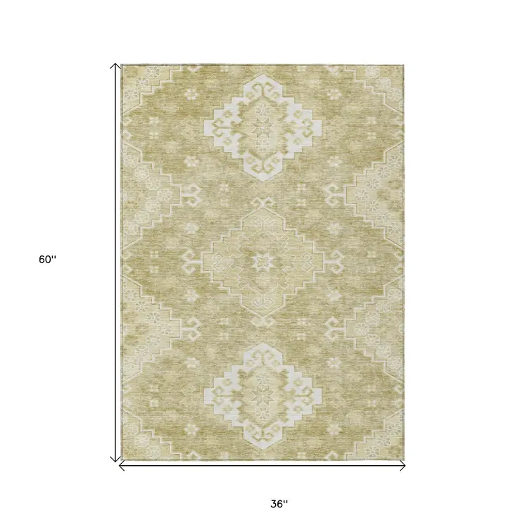 3' X 5' Wheat Gold And Ivory Medallion Washable Indoor Outdoor Area Rug