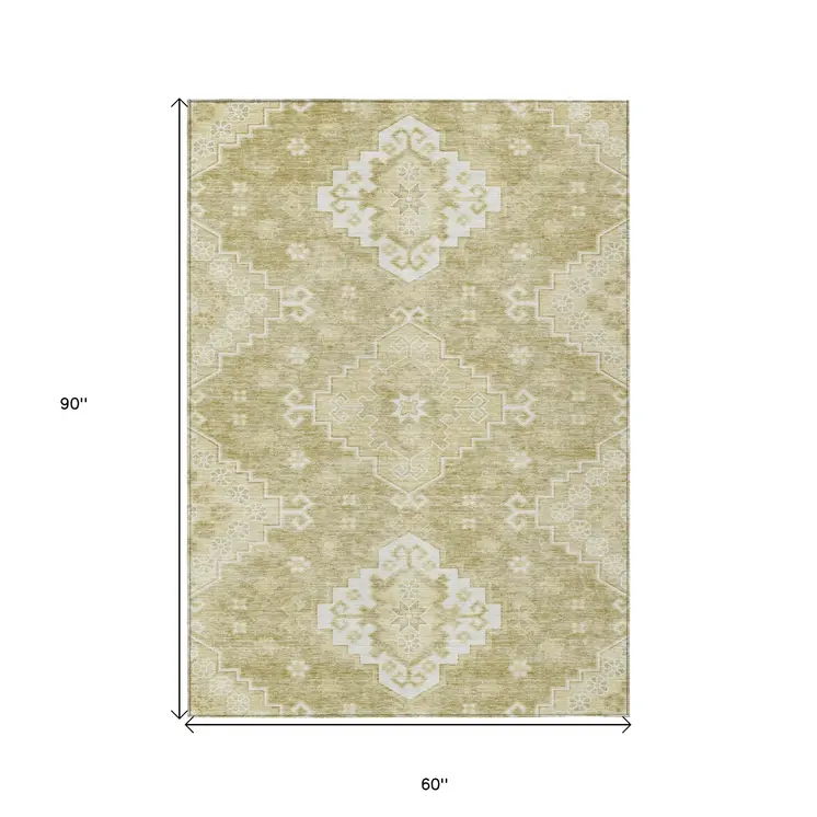 5' X 8' Wheat Gold And Ivory Medallion Washable Indoor Outdoor Area Rug
