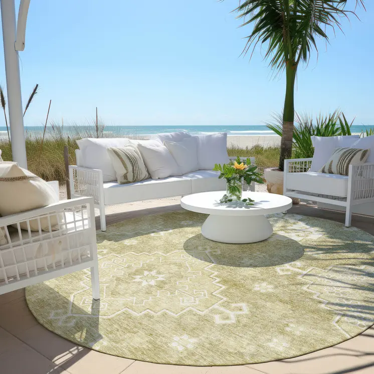 8' Wheat Gold And Ivory Round Medallion Washable Indoor Outdoor Area Rug