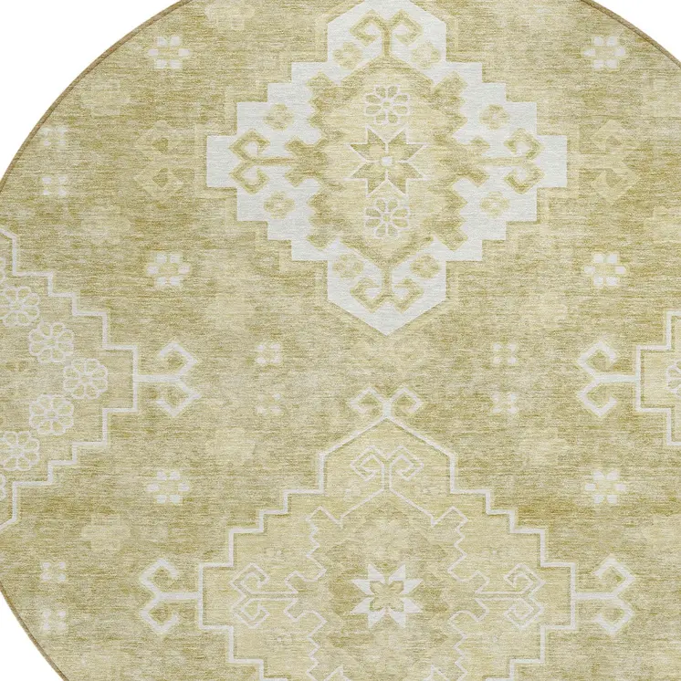 8' Wheat Gold And Ivory Round Medallion Washable Indoor Outdoor Area Rug