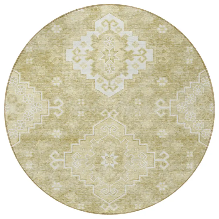 8' Wheat Gold And Ivory Round Medallion Washable Indoor Outdoor Area Rug