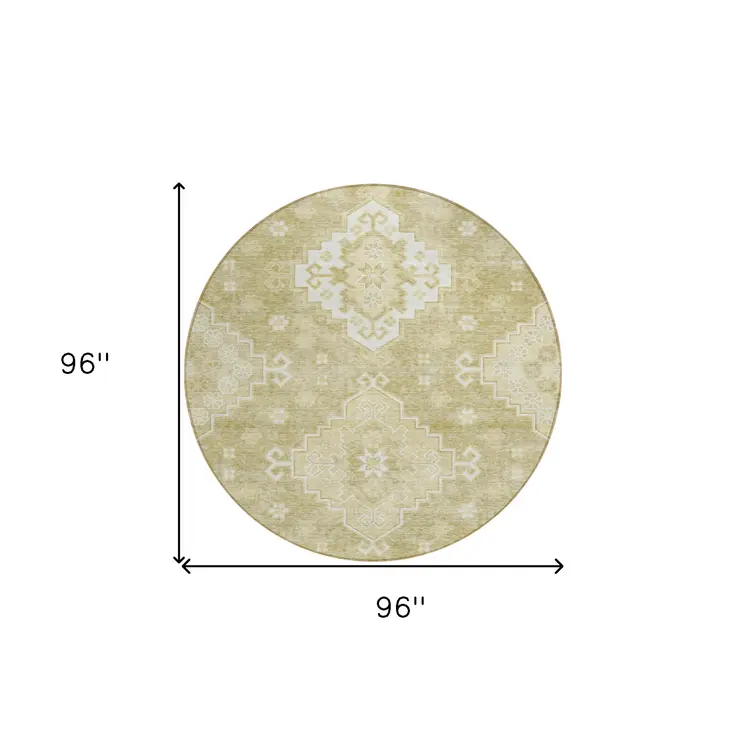 8' Wheat Gold And Ivory Round Medallion Washable Indoor Outdoor Area Rug
