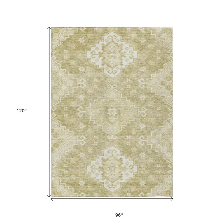 8' X 10' Wheat Gold And Ivory Medallion Washable Indoor Outdoor Area Rug