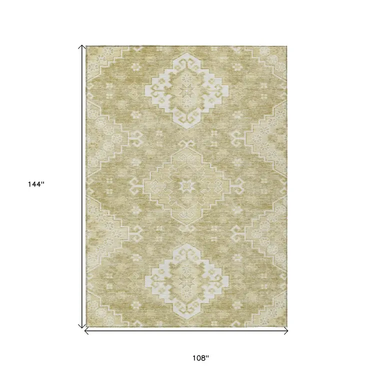 9' X 12' Wheat Gold And Ivory Medallion Washable Indoor Outdoor Area Rug