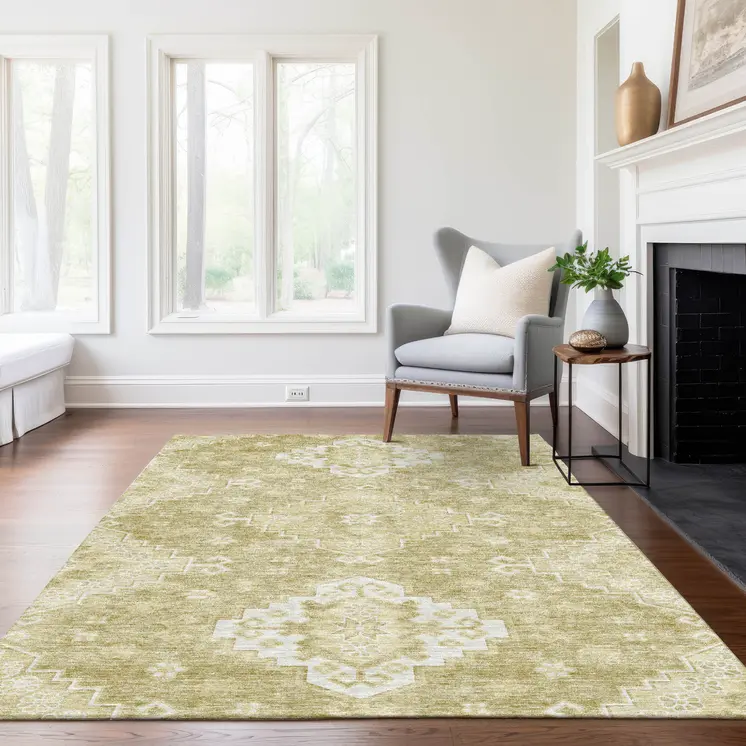 9' X 12' Wheat Gold And Ivory Medallion Washable Indoor Outdoor Area Rug