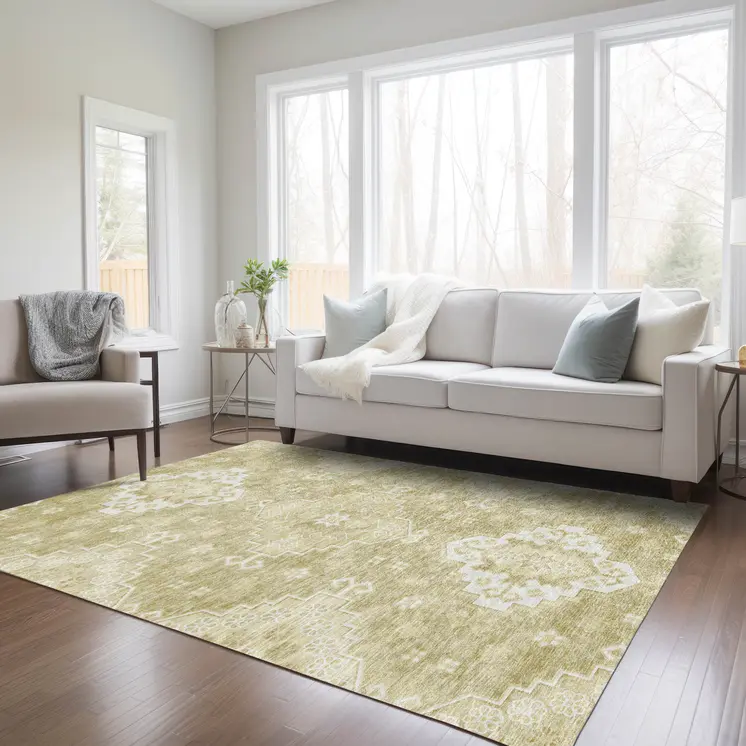9' X 12' Wheat Gold And Ivory Medallion Washable Indoor Outdoor Area Rug