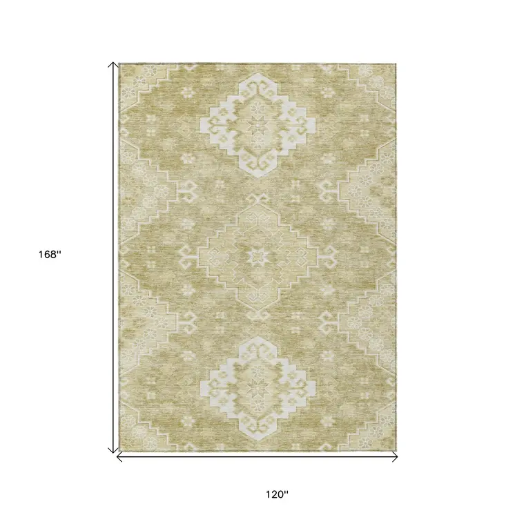 10' X 14' Wheat Gold And Ivory Medallion Washable Indoor Outdoor Area Rug