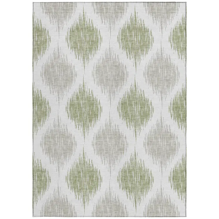 3' X 5' Artichoke Green Ivory And Gray Ikat Washable Indoor Outdoor Area Rug