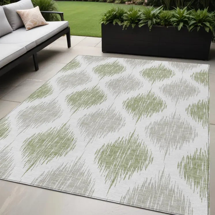 5' X 8' Artichoke Green Ivory And Gray Ikat Washable Indoor Outdoor Area Rug