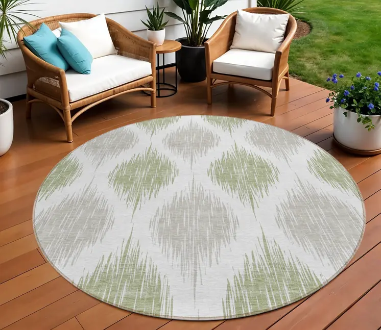 8' Artichoke Green Ivory And Gray Round Ikat Washable Indoor Outdoor Area Rug
