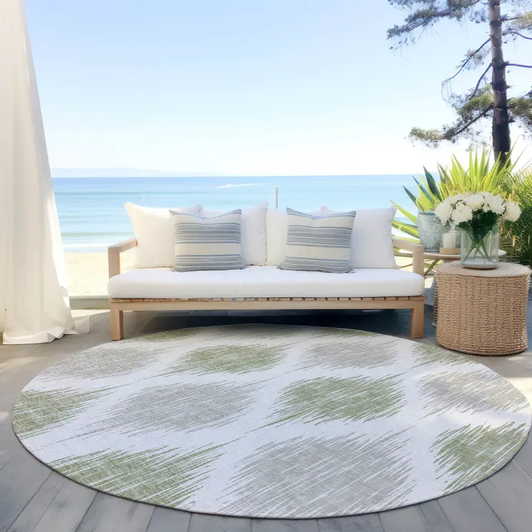 8' Artichoke Green Ivory And Gray Round Ikat Washable Indoor Outdoor Area Rug
