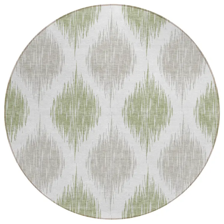 8' Artichoke Green Ivory And Gray Round Ikat Washable Indoor Outdoor Area Rug