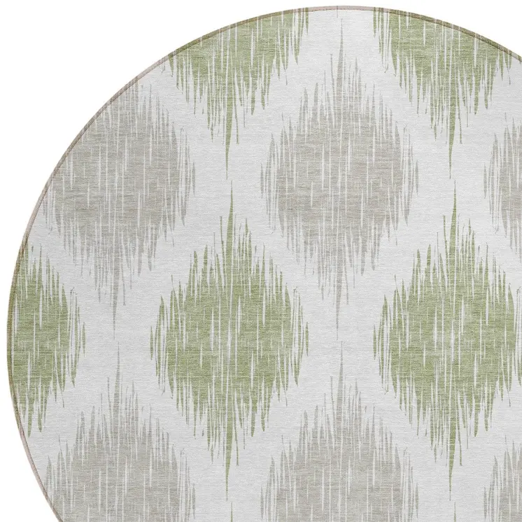 8' Artichoke Green Ivory And Gray Round Ikat Washable Indoor Outdoor Area Rug