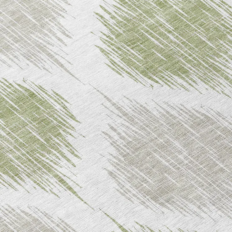 8' Artichoke Green Ivory And Gray Round Ikat Washable Indoor Outdoor Area Rug