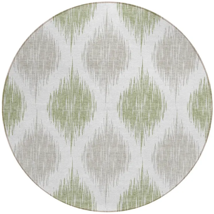 8' Artichoke Green Ivory And Gray Round Ikat Washable Indoor Outdoor Area Rug
